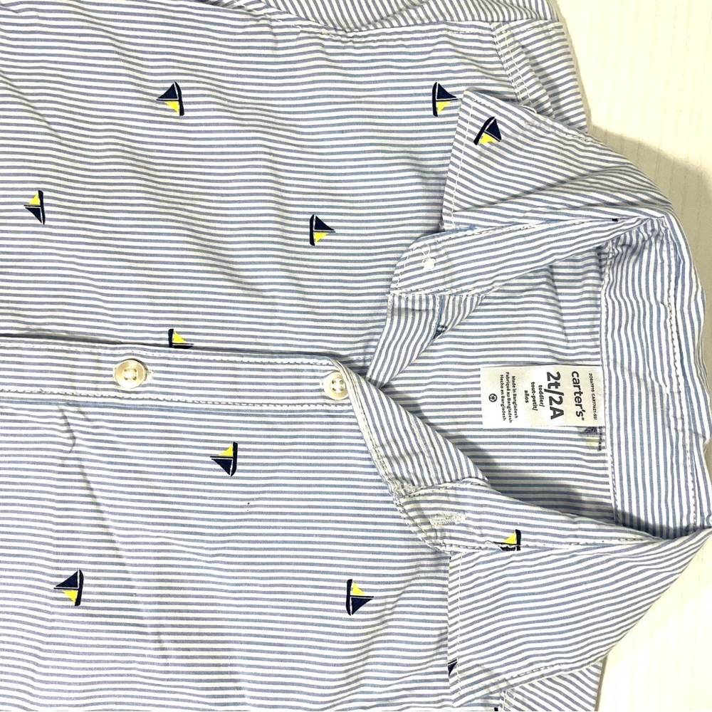 Carters 2T short sleeve stripe button‎ up shirt for toddler blue and white - Picture 6 of 9